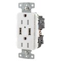Bryant USB Charger Duplex Receptacle, 15A 125V, 2-Pole 3-Wire Grounding, 5-15R, 2) 5A USB Ports, White USBB15A5W